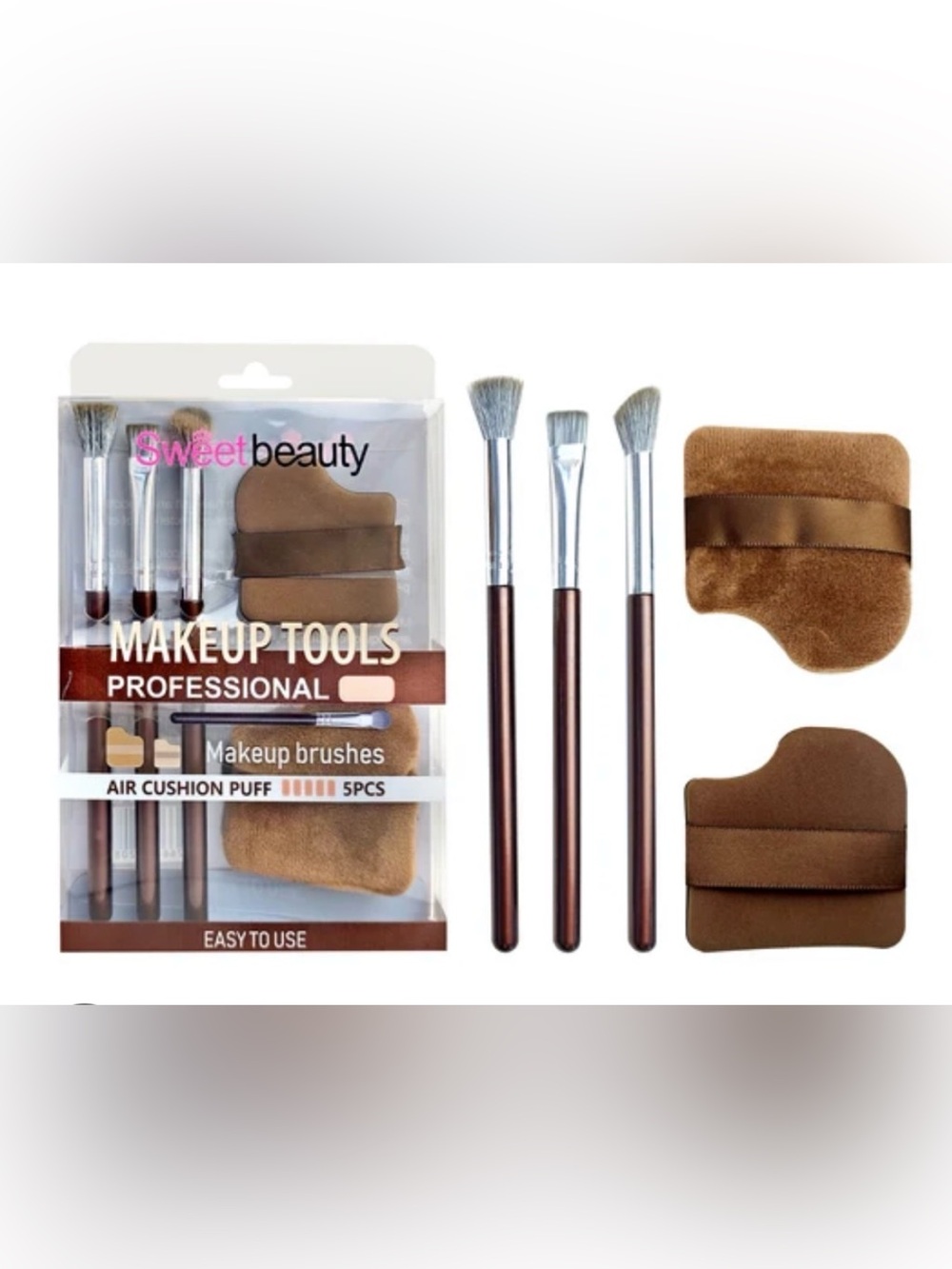 Professional Makeup Brush & Air Cushion Puff Set - Brown